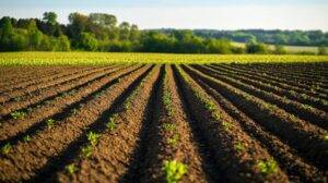 Empty farmland with rows of furrows extending to the horizon, leaving space for copy